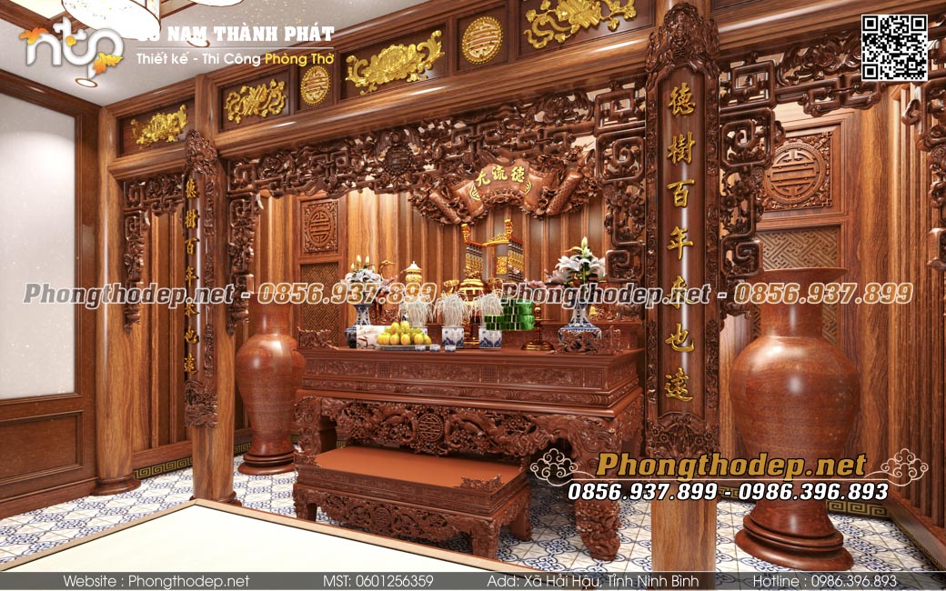 Mẫu cửa võng ngũ phúc trong phòng thờ gia tiên gỗ hương